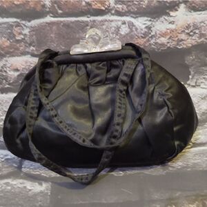 Vintage Clutch Purse Handbag Black Satin Double Strap Clear Art Deco Clasp